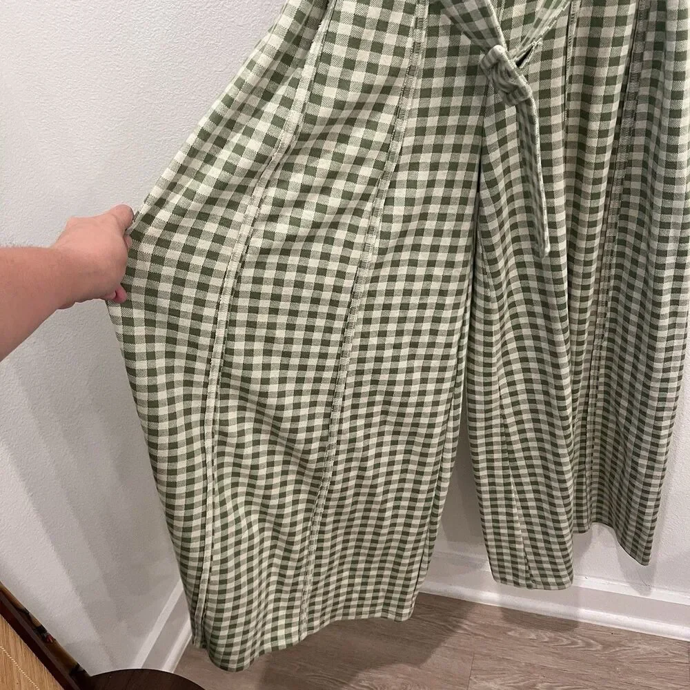 Free People Hold Me Tights Gingham Wide Leg Jumpsuit Green Linen Blend Size XS